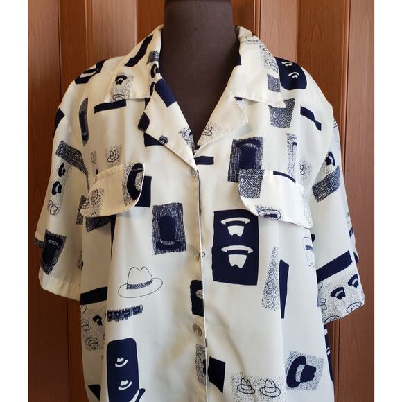 Truffles size XL cream & blue button up blouse - Picture 2 of 5